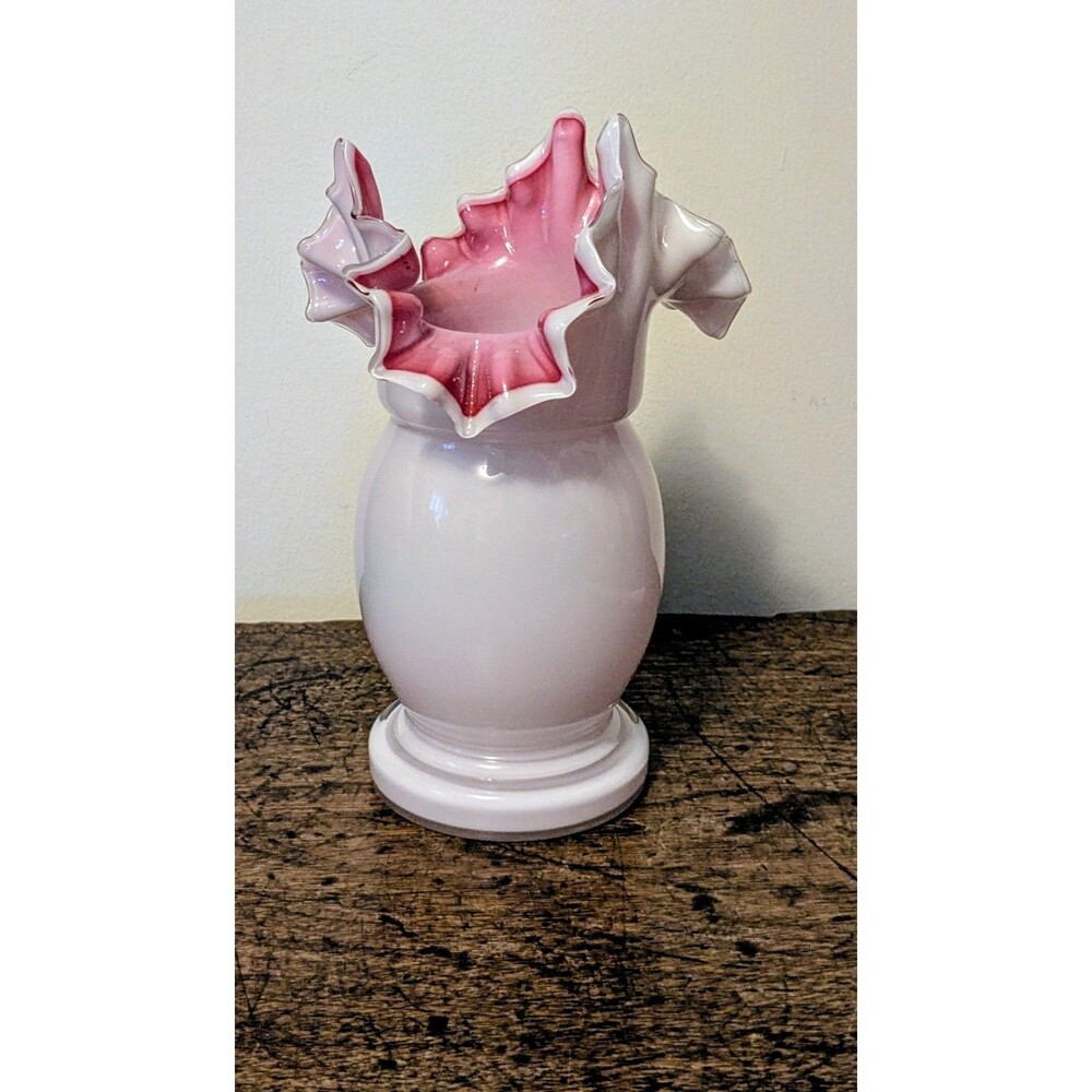 Antique Czech Bohemian Art Glass Cased Ruffled Vase Pink Opaline Polished Pontil